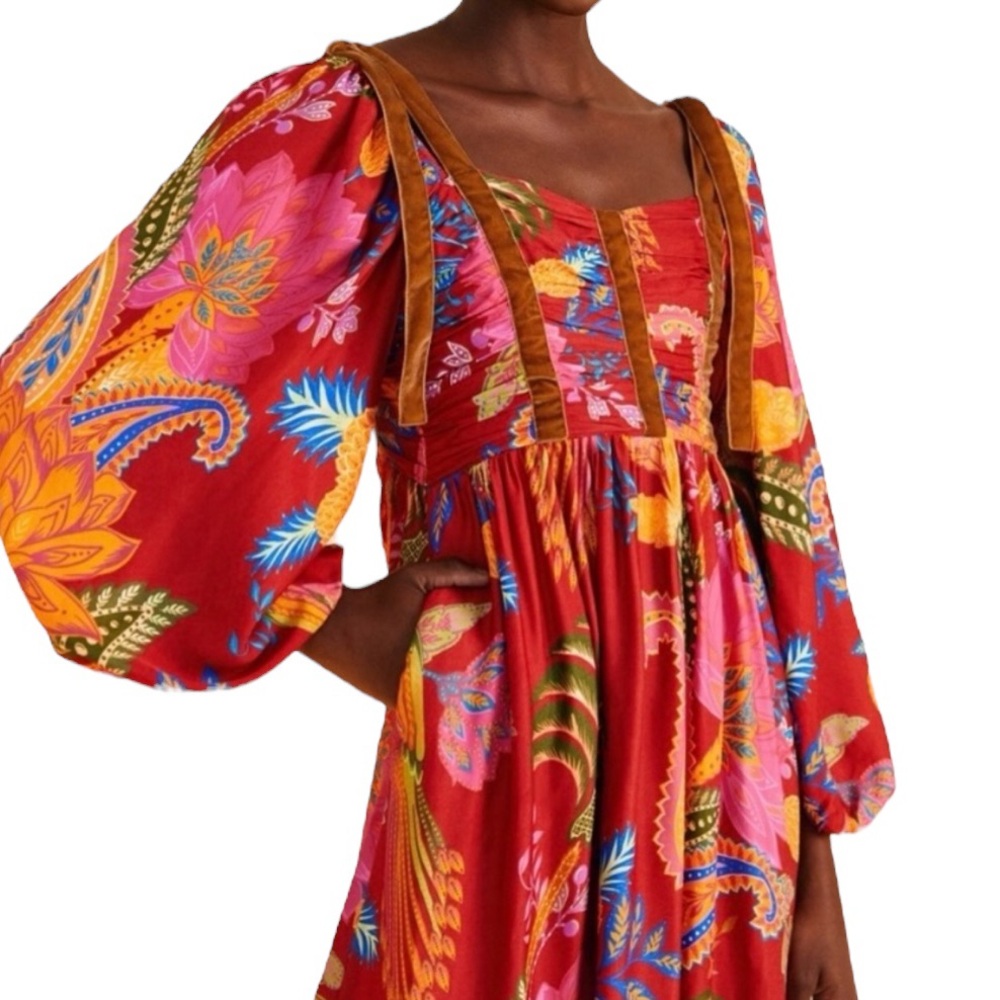 FARM Rio Red Multicolor Floral Puff-Sleeve Midi Dress - Picture 4 of 8